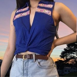 NWT Bold Blue Retro Vintage Colorful Neon Embroidered Twist Crop Top